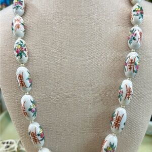 Japan Hand-Painted White Floral Porcelain Bead Necklace 24”